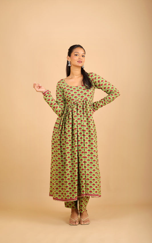 Parrot Green Nyra-Cut Cotton Kurta Set