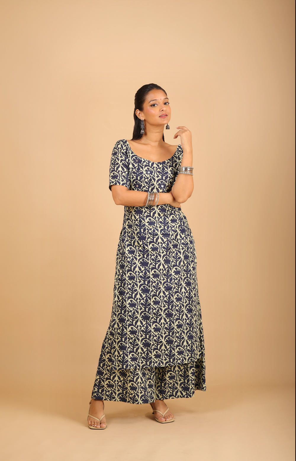 Navy Blue Cotton Kurta Set with Corset-Back