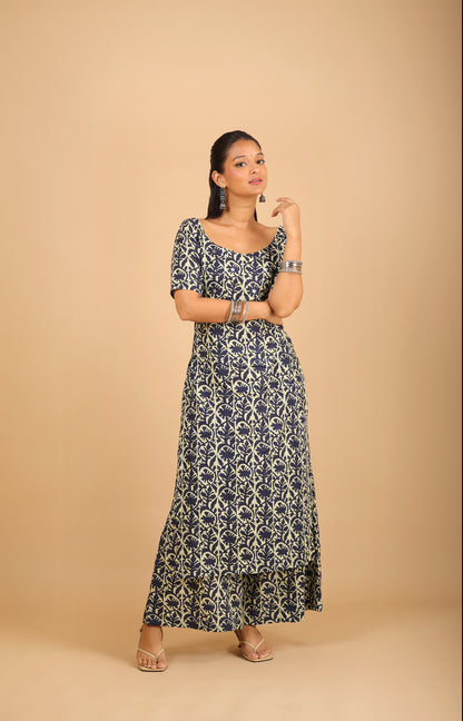 Navy Blue Cotton Kurta Set with Corset-Back