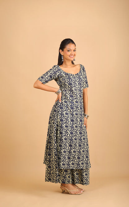 Navy Blue Cotton Kurta Set with Corset-Back