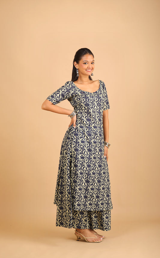 Navy Blue Cotton Kurta Set with Corset-Back