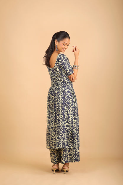 Navy Blue Cotton Kurta Set with Corset-Back