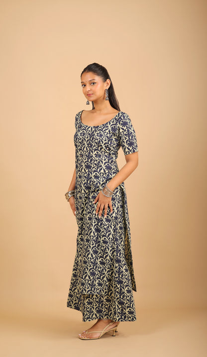 Navy Blue Cotton Kurta Set with Corset-Back