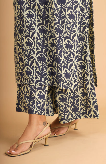 Navy Blue Cotton Kurta Set with Corset-Back