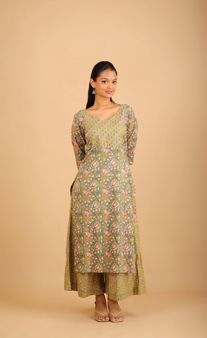 Sage Green Printed Cotton Kurta Set with Patchwork
