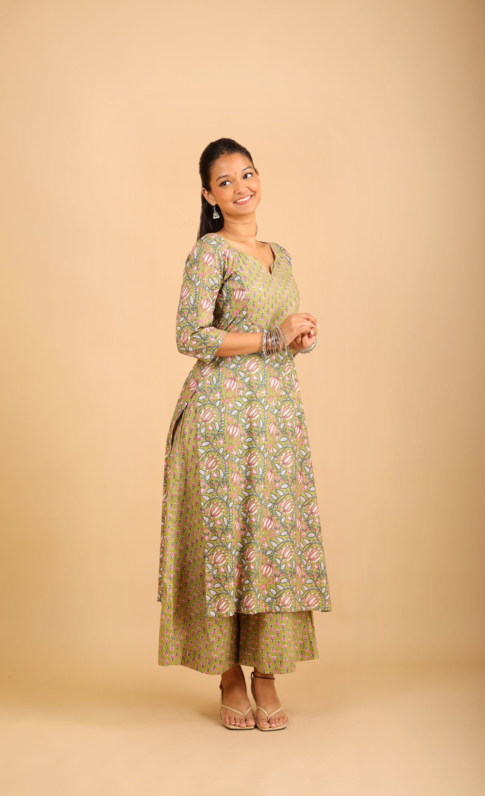 Sage Green Printed Cotton Kurta Set with Patchwork