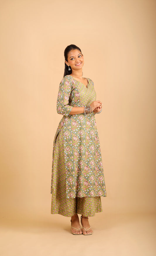 Sage Green Printed Cotton Kurta Set with Patchwork