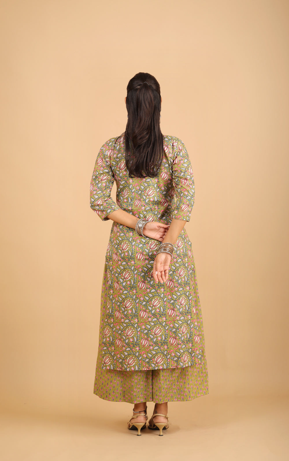 Sage Green Printed Cotton Kurta Set with Patchwork