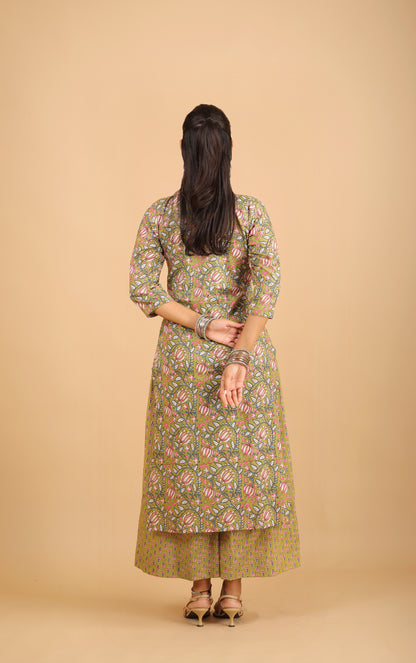 Sage Green Printed Cotton Kurta Set with Patchwork