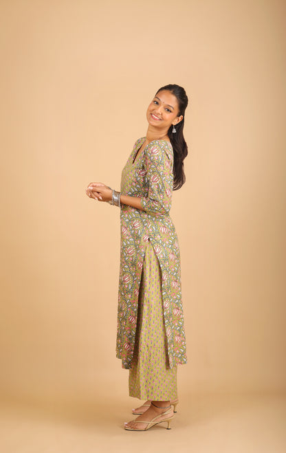 Sage Green Printed Cotton Kurta Set with Patchwork
