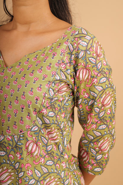 Sage Green Printed Cotton Kurta Set with Patchwork
