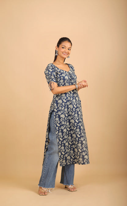 Dark Blue Sweetheart Neck Long Kurti