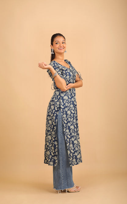 Dark Blue Sweetheart Neck Long Kurti