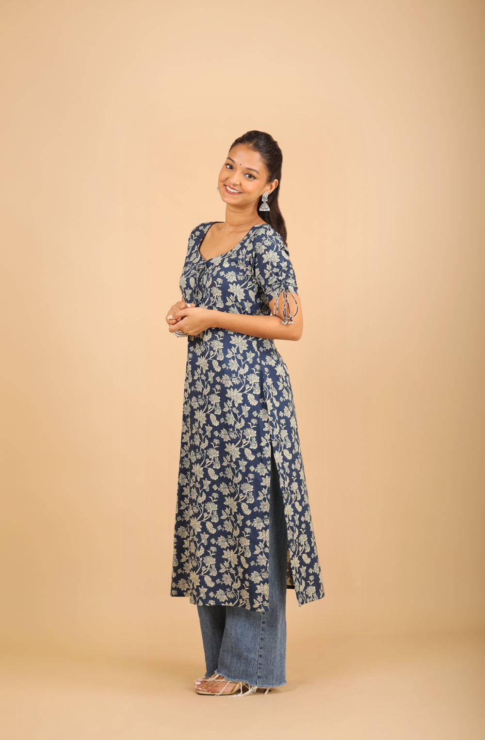 Dark Blue Sweetheart Neck Long Kurti