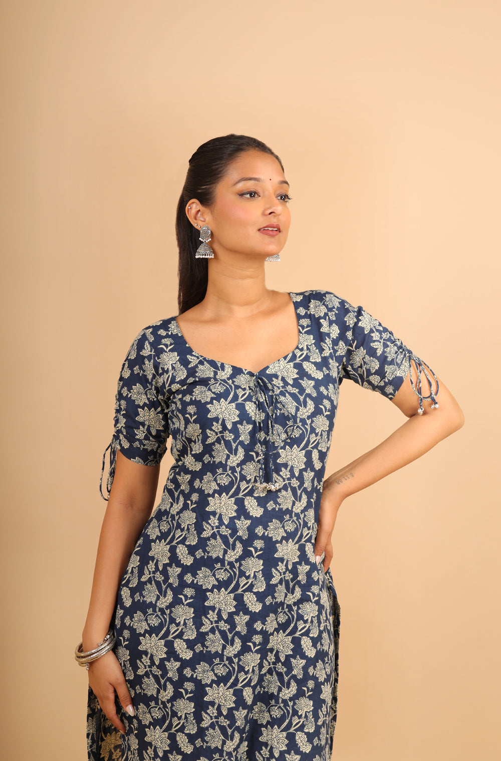 Dark Blue Sweetheart Neck Long Kurti