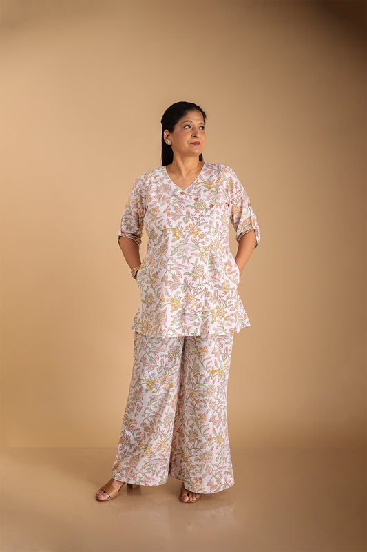 White Floral Lounge Wear Set