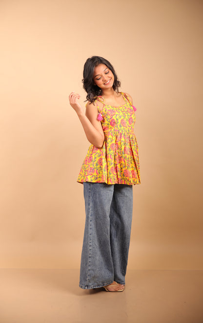 Yellow Floral Short Kurti with Shells