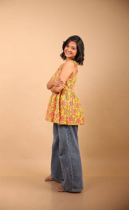 Yellow Floral Short Kurti with Shells