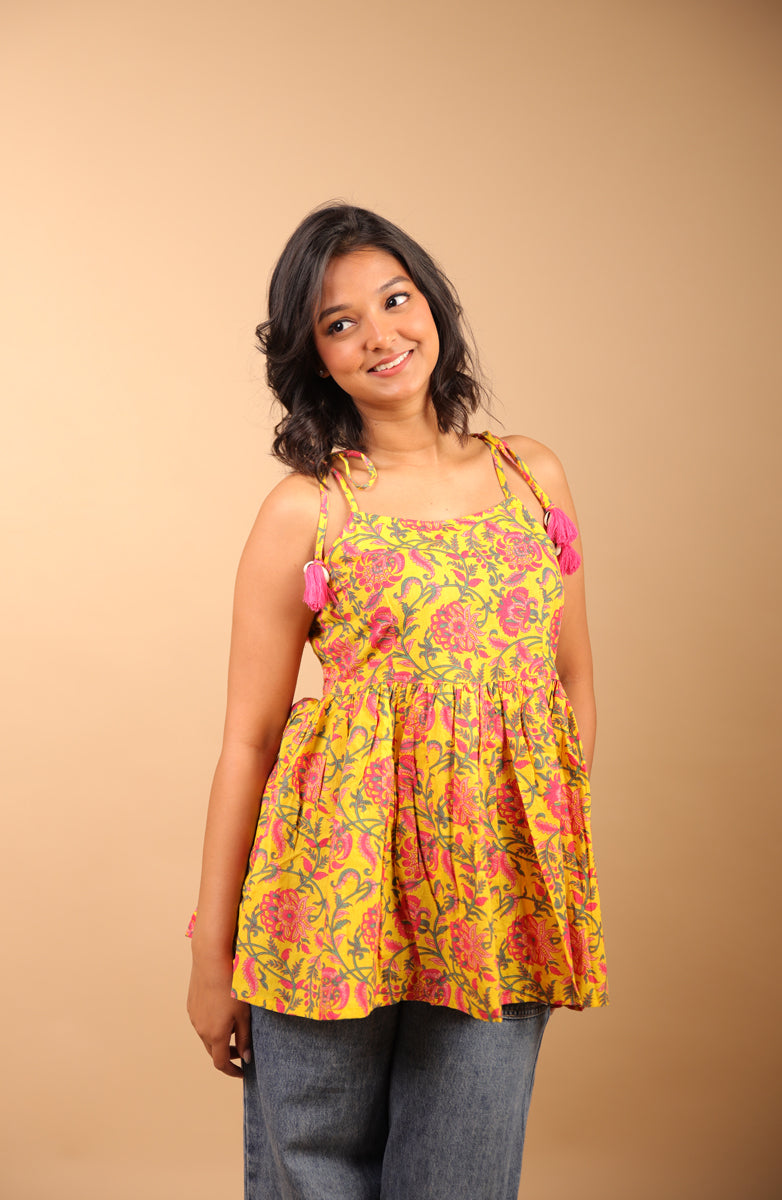 Yellow Floral Short Kurti with Shells