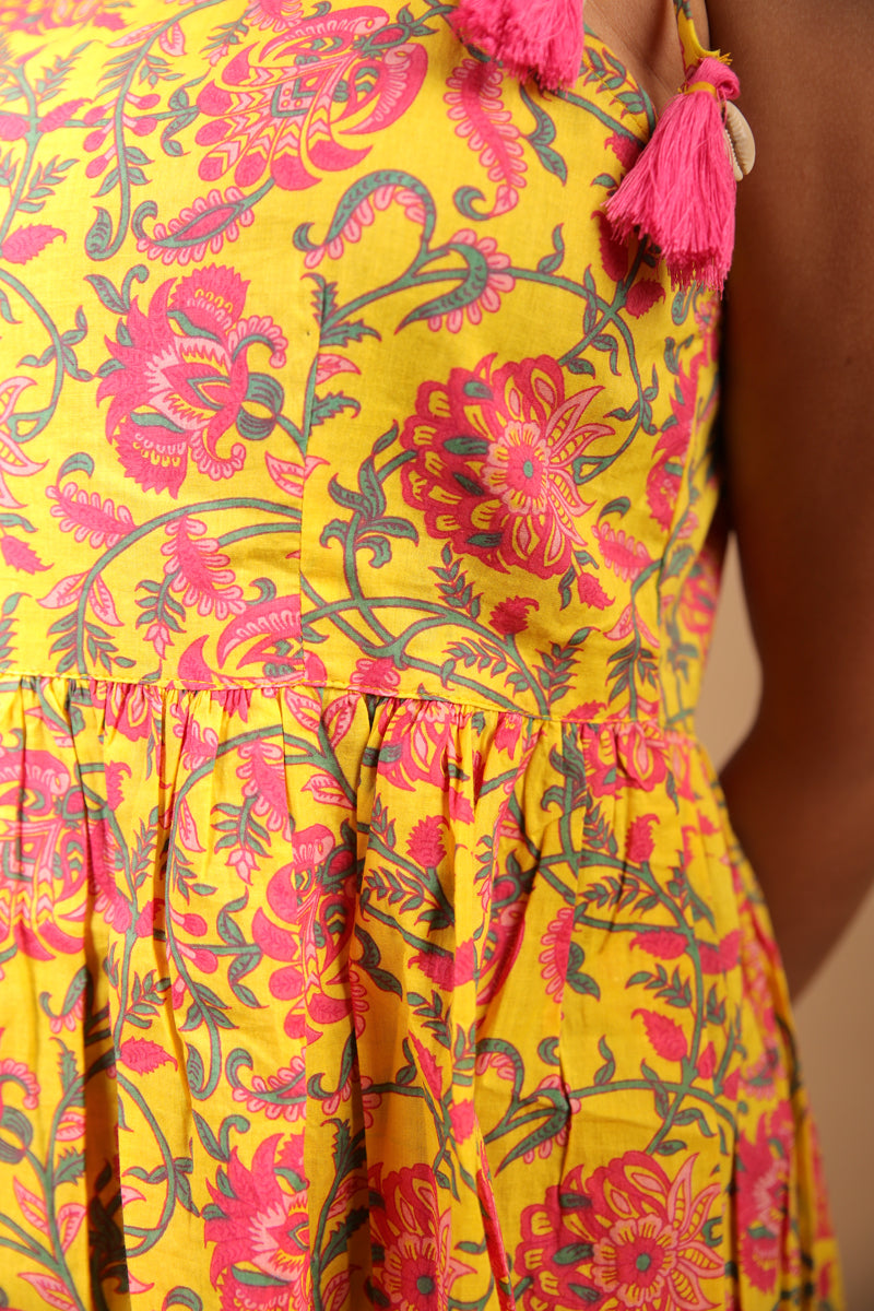 Yellow Floral Short Kurti with Shells