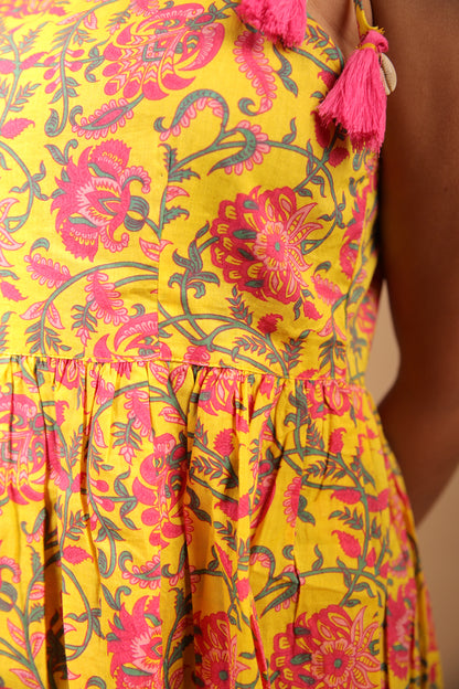 Yellow Floral Short Kurti with Shells