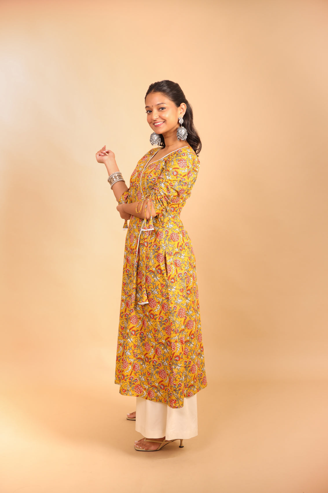 Mustard Quarter Sleeves Long Kurti