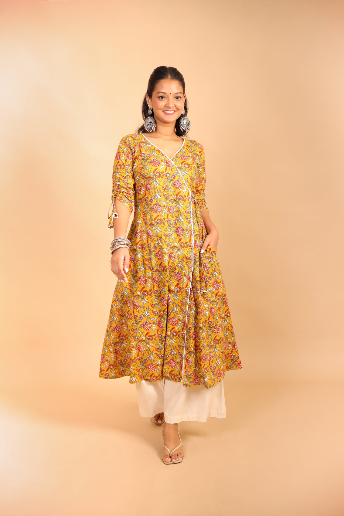 Mustard Quarter Sleeves Long Kurti