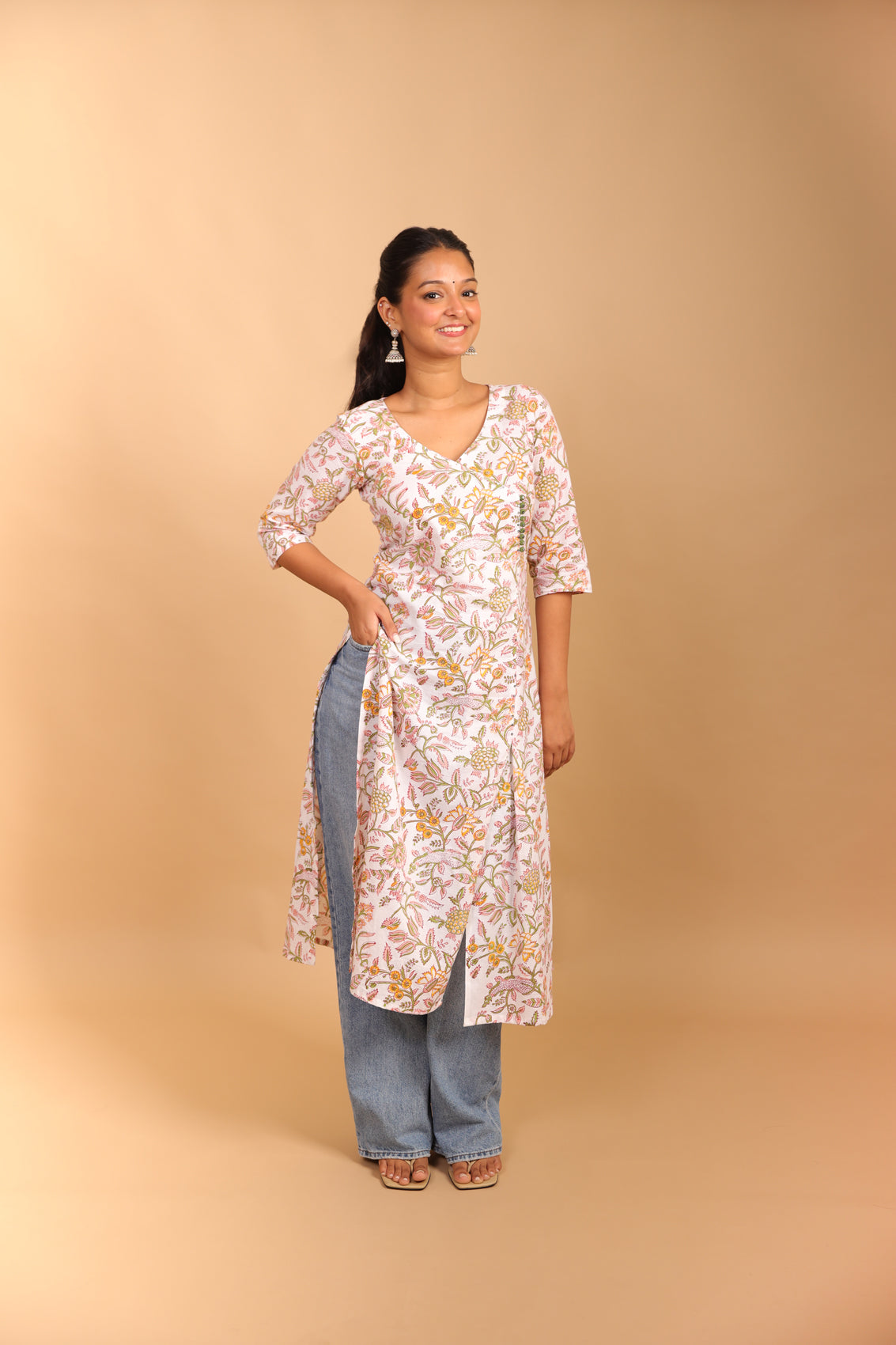 White Floral A-Line Long Kurti