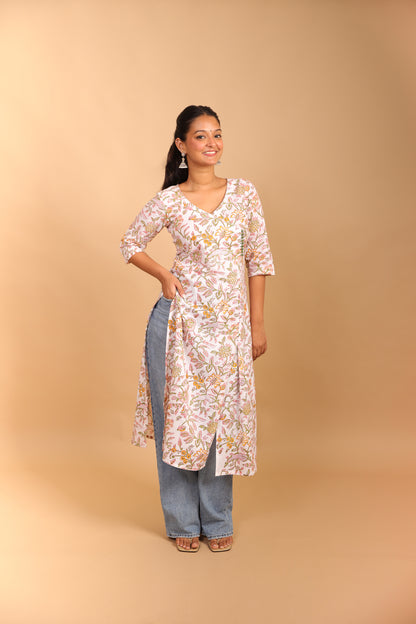 White Floral A-Line Long Kurti