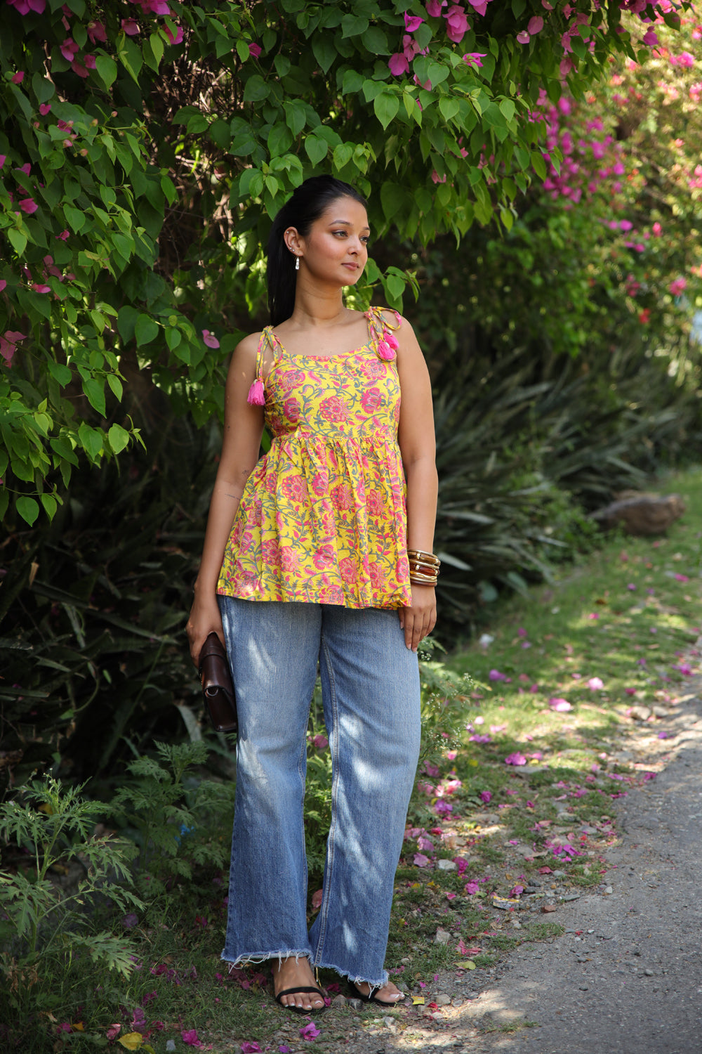 Yellow Floral Short Kurti with Shells