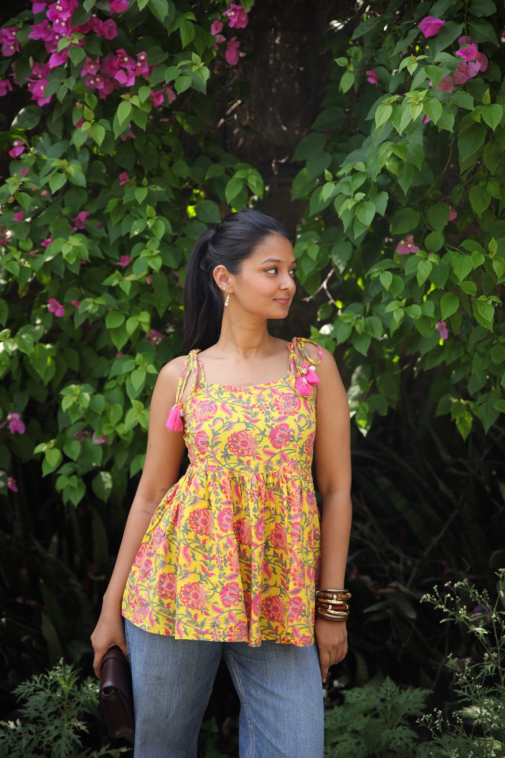 Yellow Floral Short Kurti with Shells