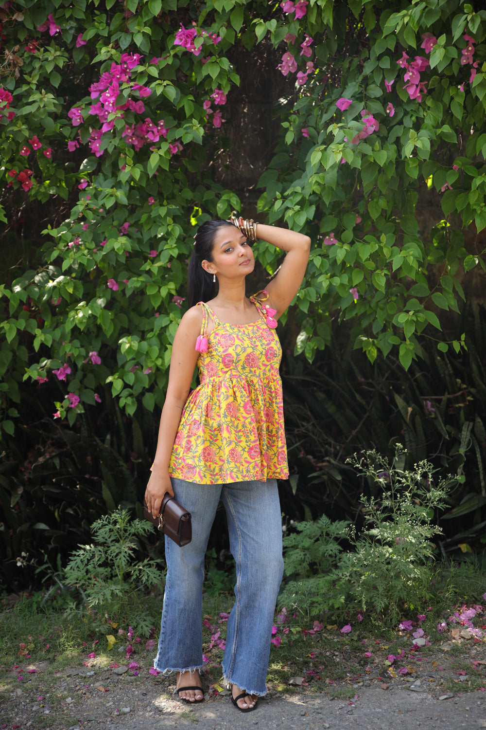 Yellow Floral Short Kurti with Shells