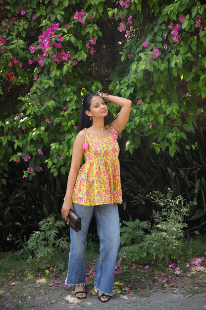 Yellow Floral Short Kurti with Shells