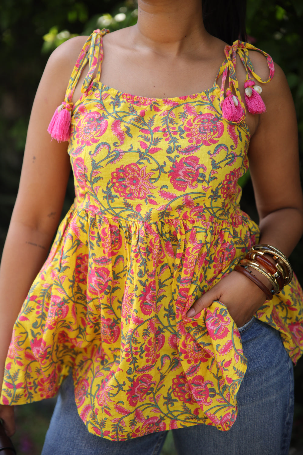 Yellow Floral Short Kurti with Shells