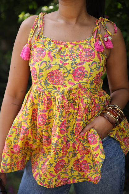 Yellow Floral Short Kurti with Shells