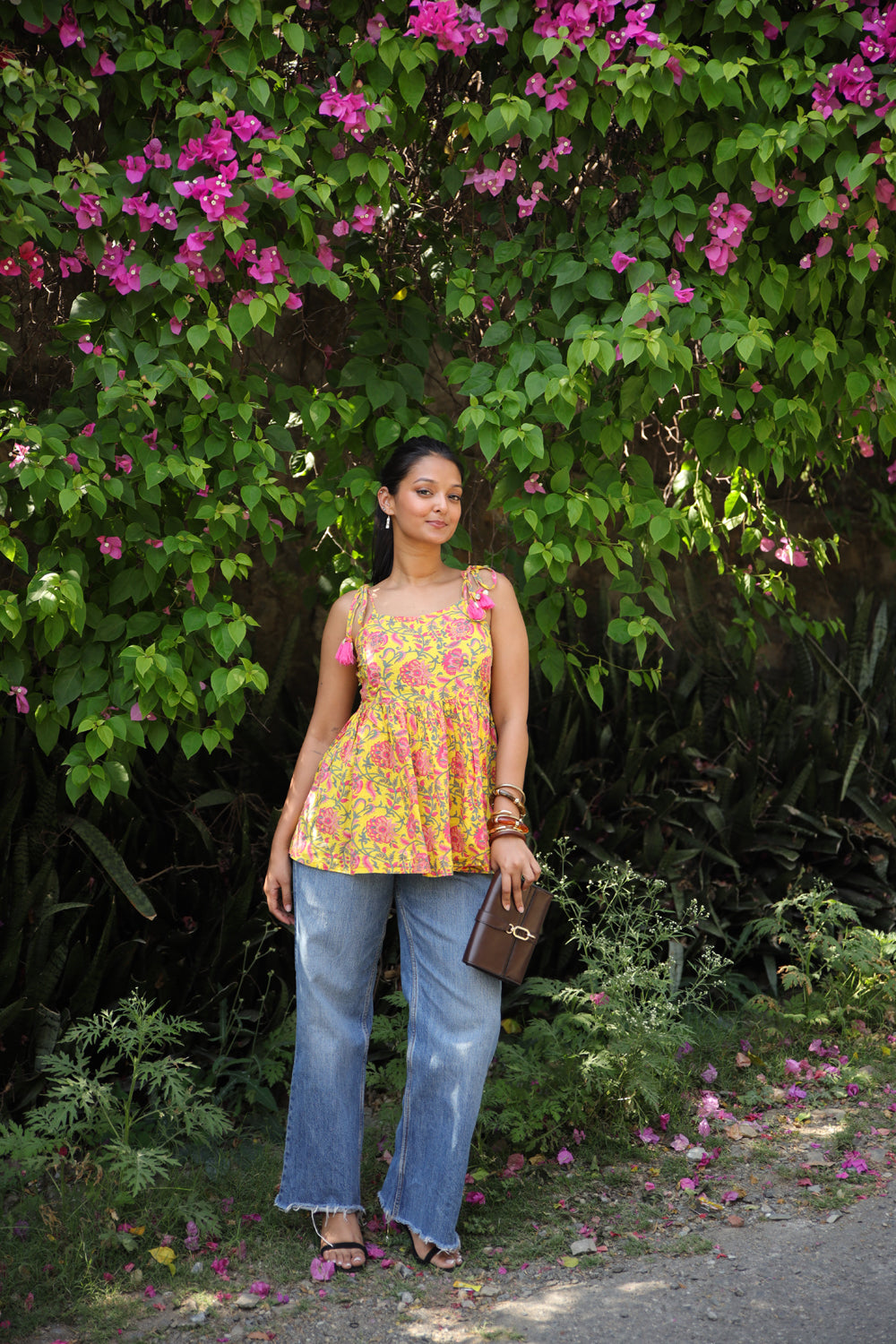 Yellow Floral Short Kurti with Shells