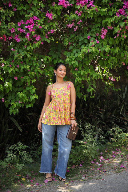 Yellow Floral Short Kurti with Shells