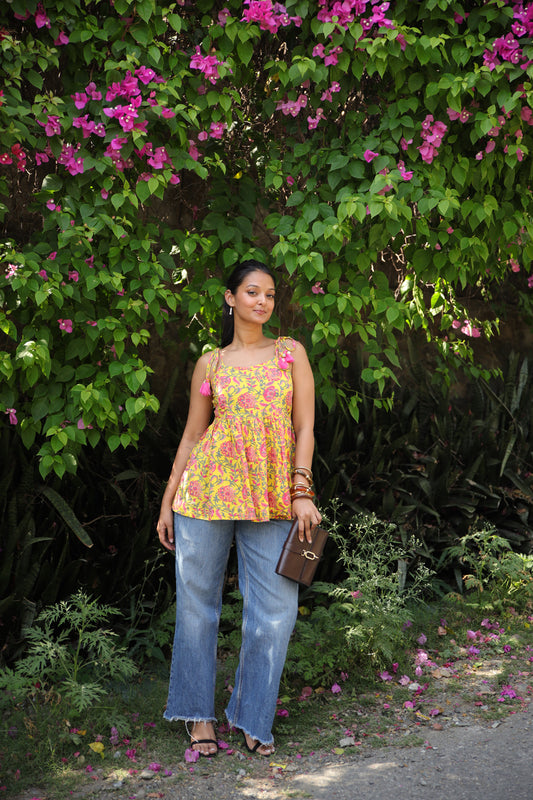 Yellow Floral Short Kurti with Shells
