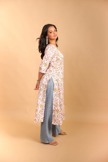 White Floral A-Line Long Kurti