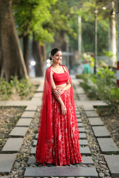 Red Sequin Lehenga (3-piece Set) Wtih Customisable Blouse