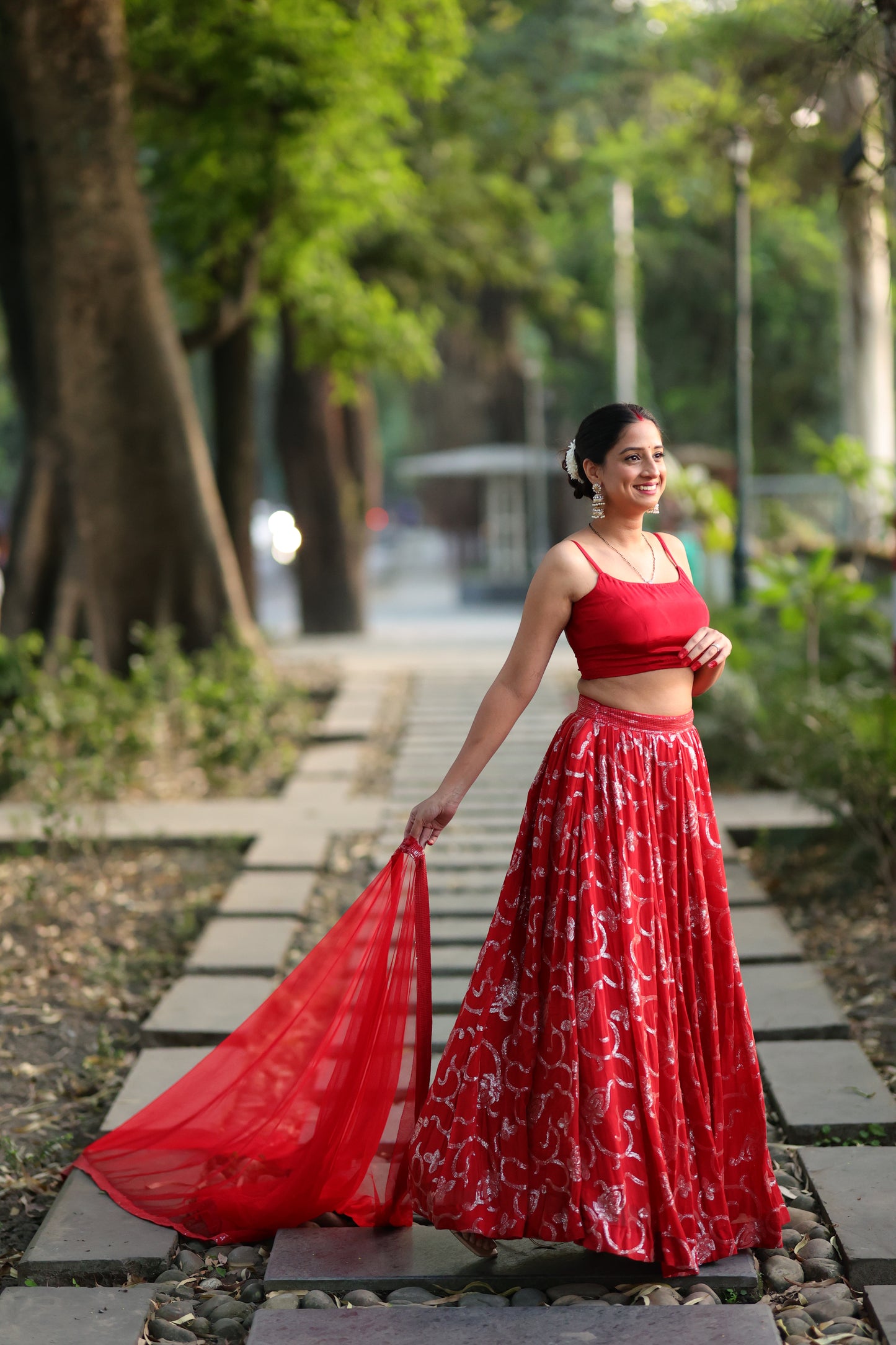 Red Sequin Lehenga (3-piece Set) Wtih Customisable Blouse