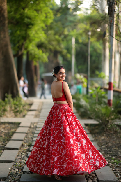 Red Sequin Lehenga (3-piece Set) Wtih Customisable Blouse