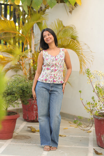 White Pink V-Neck Top