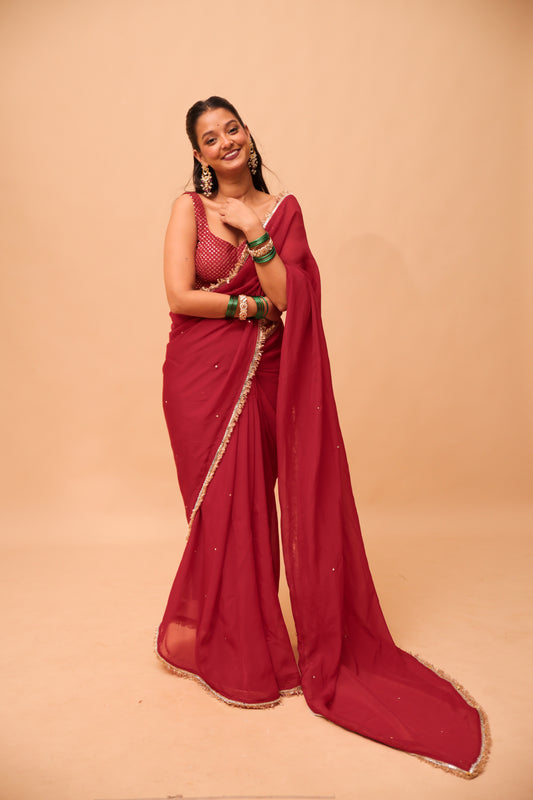 Surkh Red Saree with Unstitched Blouse