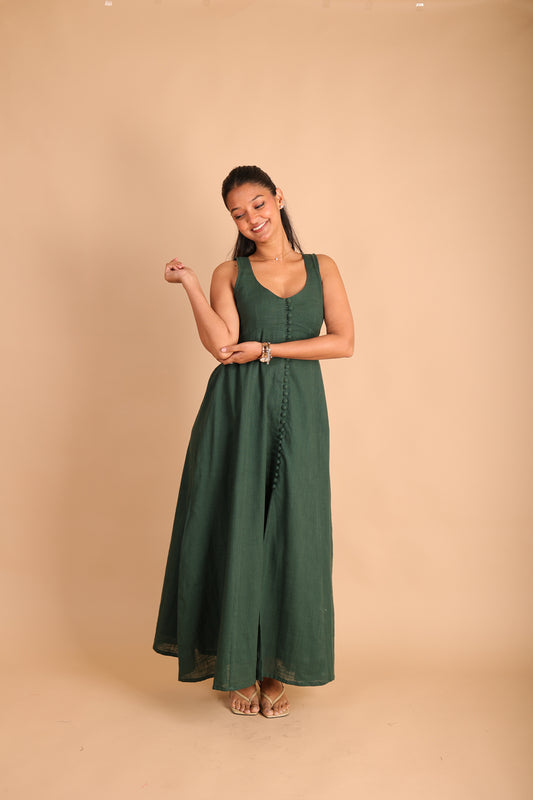 Dark Green Front Button Dress