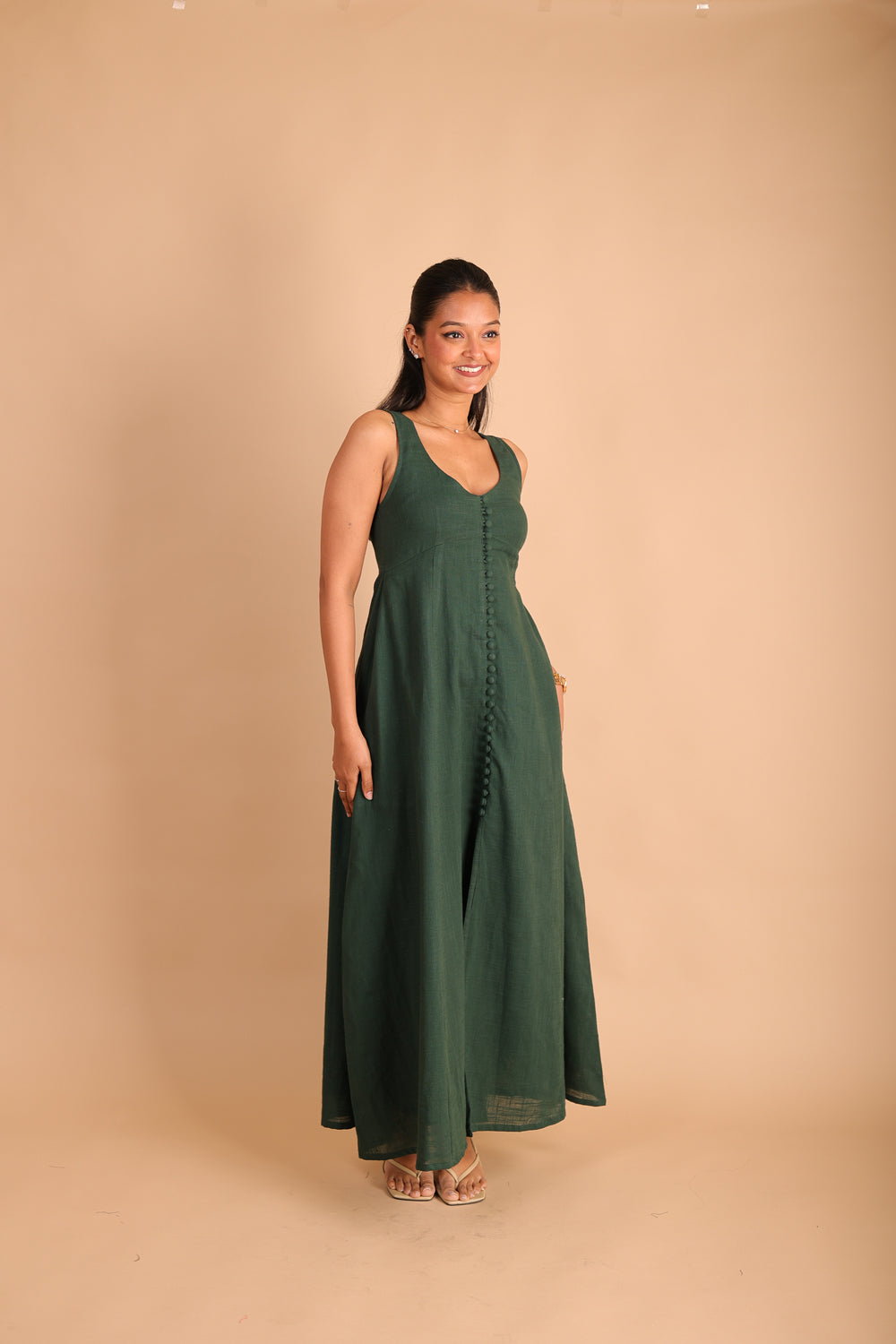 Dark Green Front Button Dress