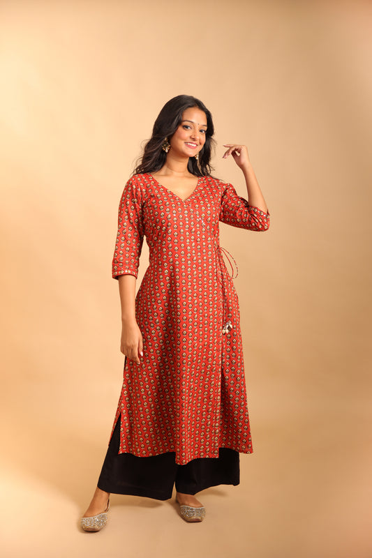 Rust Maroon Quarter Sleeves Long Kurti