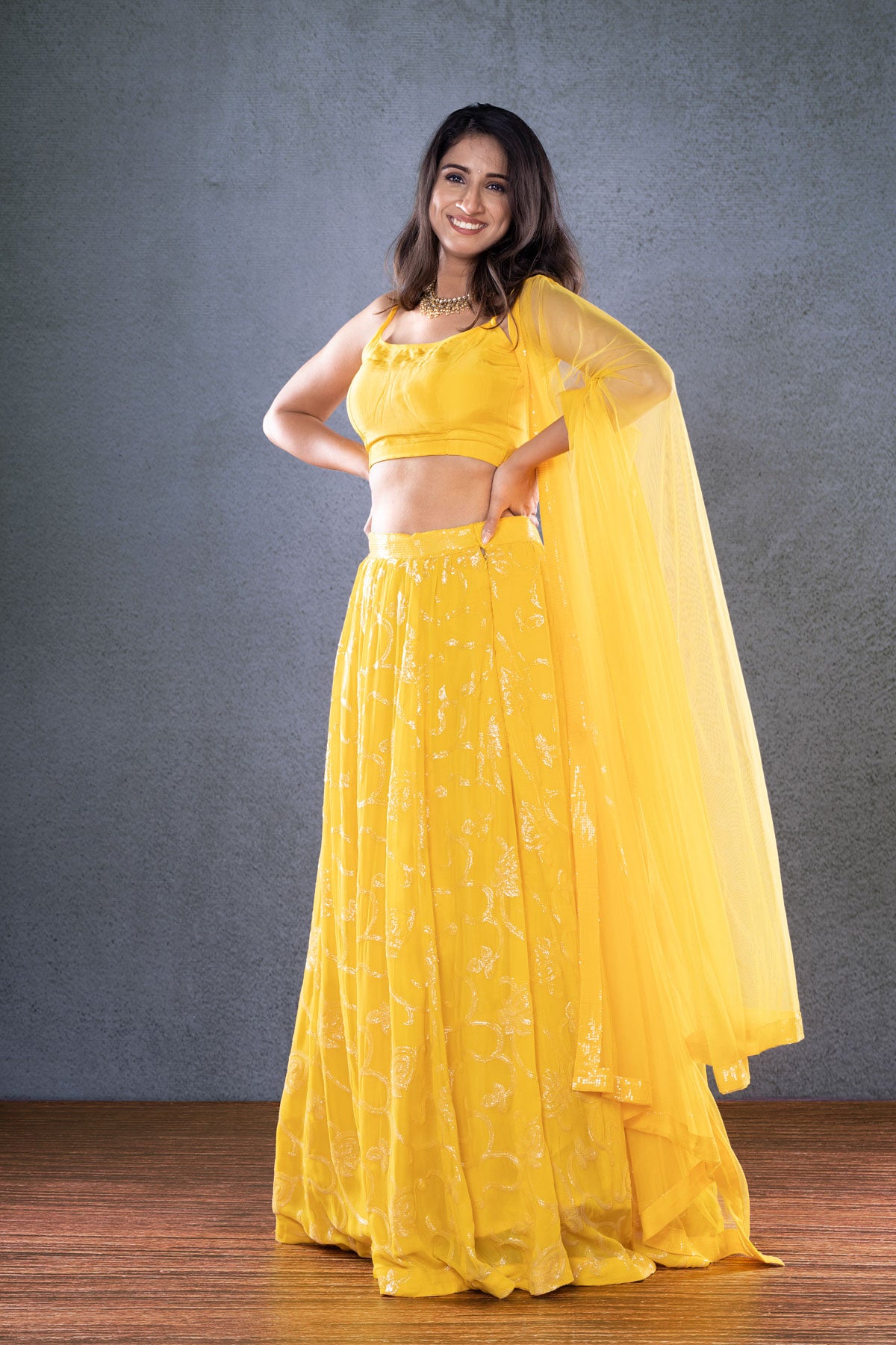 Buy Ochre Yellow Lehenga And Crop Top With Foil Printed Leaf Motifs Online  - Kalki Fashion