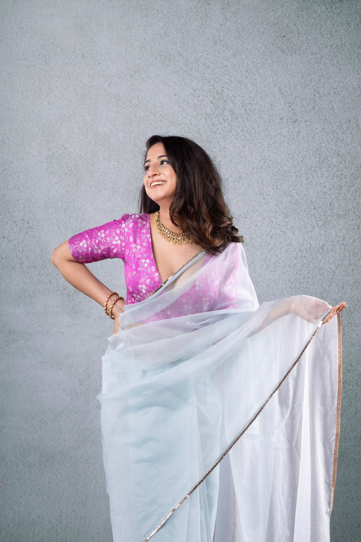 Kanj by Priyanka A Sakhuja Ella Thread Work Saree With Blouse | Blue,  Sequin, Silk Organza, Plunged V Neck, Full Sleeves