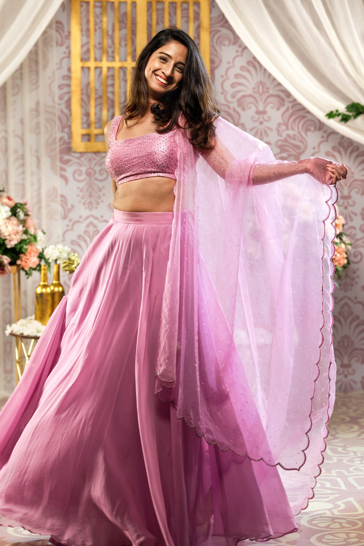 Peach Punch Italian Silk 3 Piece Lehenga Choli Set